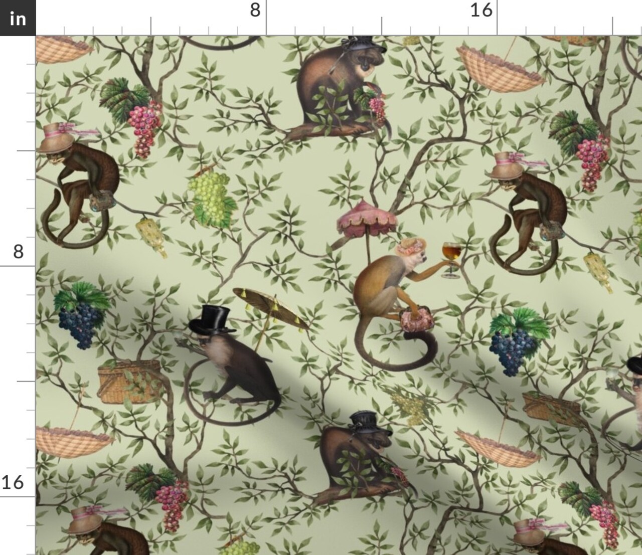 Green Chinoiserie Victorian Animals Rococo Garden Party Leaves Monkeys Historic Toile Botanical Whimsical Large Scale Custom Printed Fabric by Spoonflower Various Fabrics by the Yard or Fat Quarter